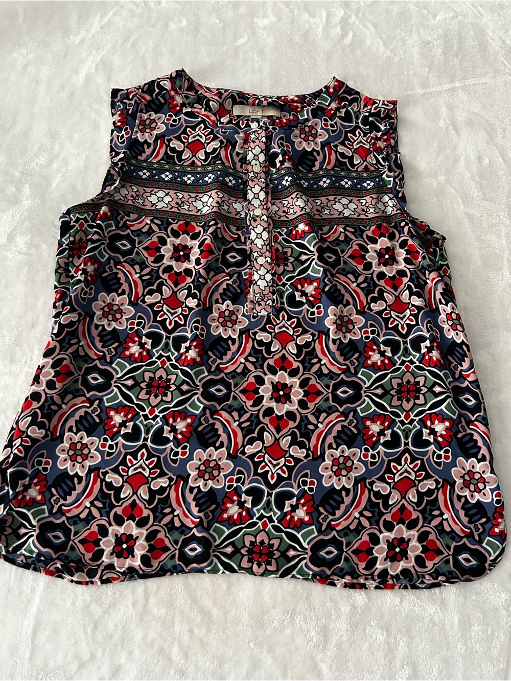 Loft Sleeveless Floral Mosaic Lightweight Button Front Boho Top Women’s Large